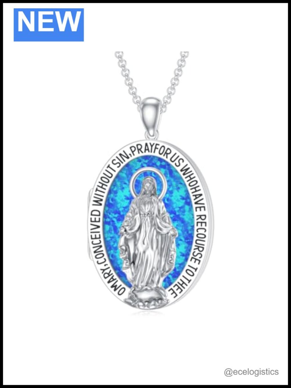 18k white gold plated silver oval Blessed Virgin Mary locket necklace